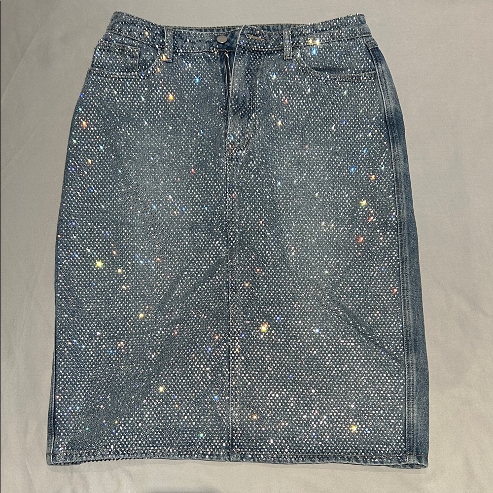 CIDER Sparkling Rhinestone Denim Pencil Skirt
